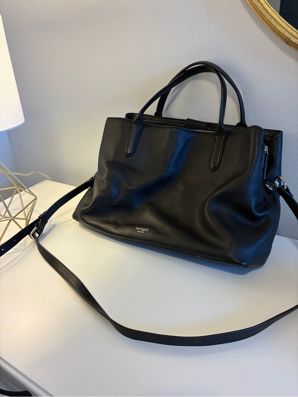 Margot New York Large Black Leather Tote/ Computer Bag with Detachable Strap